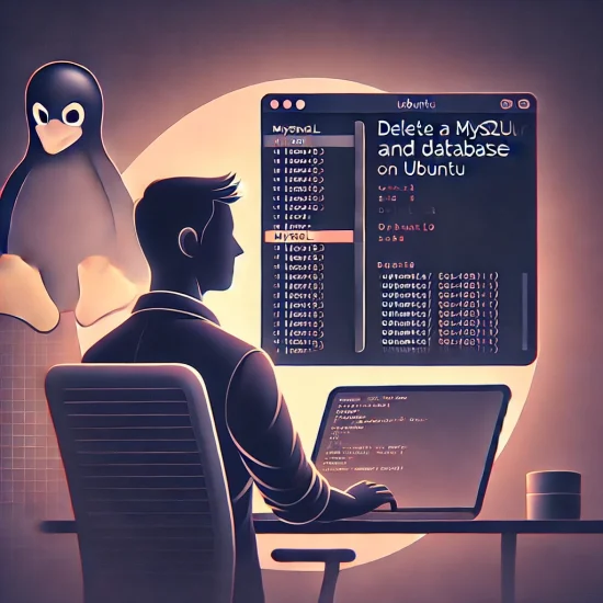 Preview image for a tutorial article on deleting a MySQL user and database on an Ubuntu server. The image features a simplified, modern UI of a termin.webp